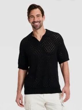 Goodfellow & Co Black Open-Knit Johnny Collar Polo